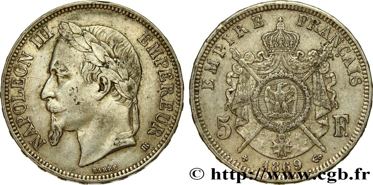 5 francs Napoléon III, tête laurée 1869 Strasbourg F.331/15 q.BB 