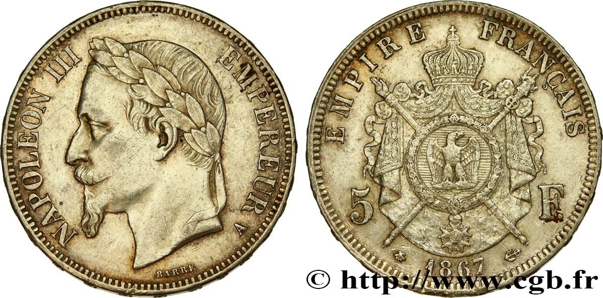 5 francs Napoléon III, tête laurée 1867 Paris F.331/10 SS 