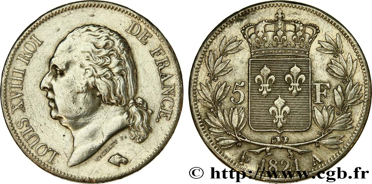 5 francs Louis XVIII, tête nue 1821 Paris F.309/60 MBC+ 