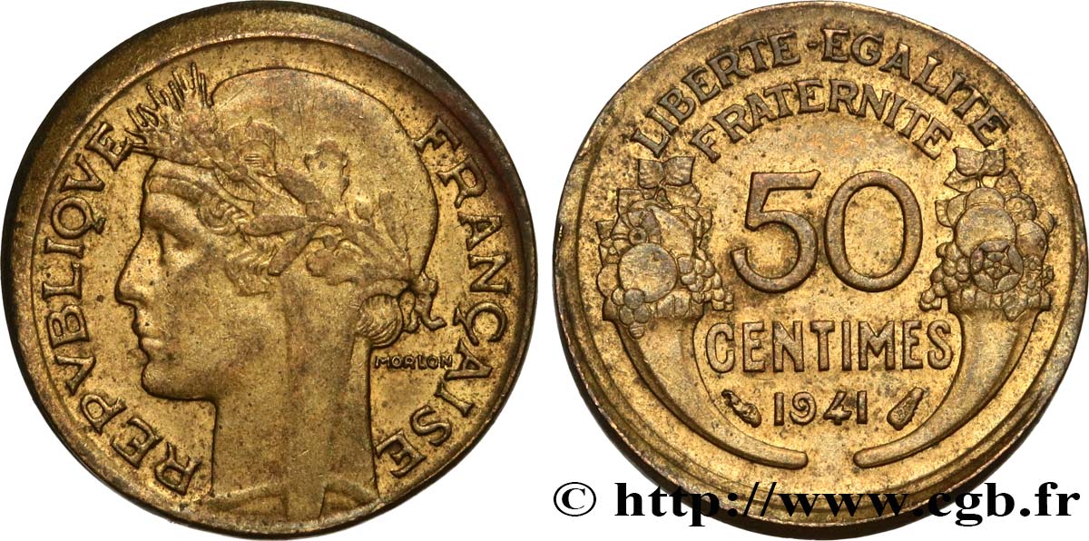 50 centimes Morlon, Fautée frappe hors virole 1941  F.192/18 var. q.SPL 