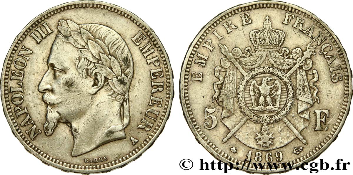 5 francs Napoléon III, tête laurée 1869 Paris F.331/14 BC 