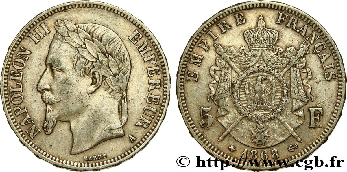 5 francs Napoléon III, tête laurée 1868 Paris F.331/12 fSS 