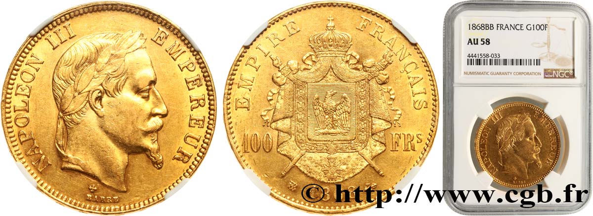 100 francs or Napoléon III, tête laurée 1868 Strasbourg F.551/11 EBC58 NGC