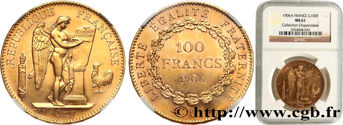 100 francs or Génie, tranche inscrite en relief Dieu protège la France 1906 Paris F.552/19 EBC61 NGC
