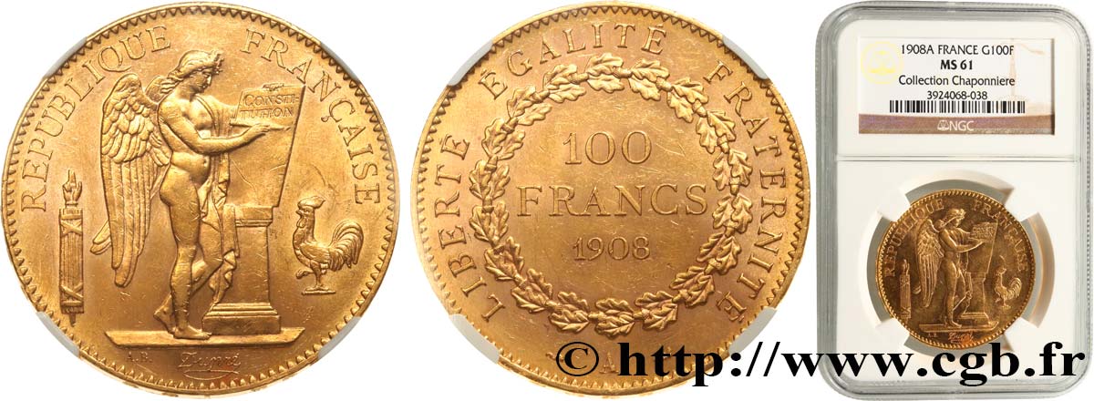 100 francs or Génie, tranche inscrite en relief liberté égalité fraternité 1908 Paris F.553/2 VZ61 NGC