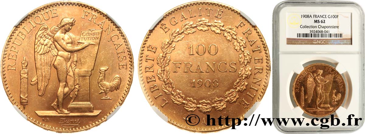 100 francs or Génie, tranche inscrite en relief liberté égalité fraternité 1908 Paris F.553/2 SPL62 NGC