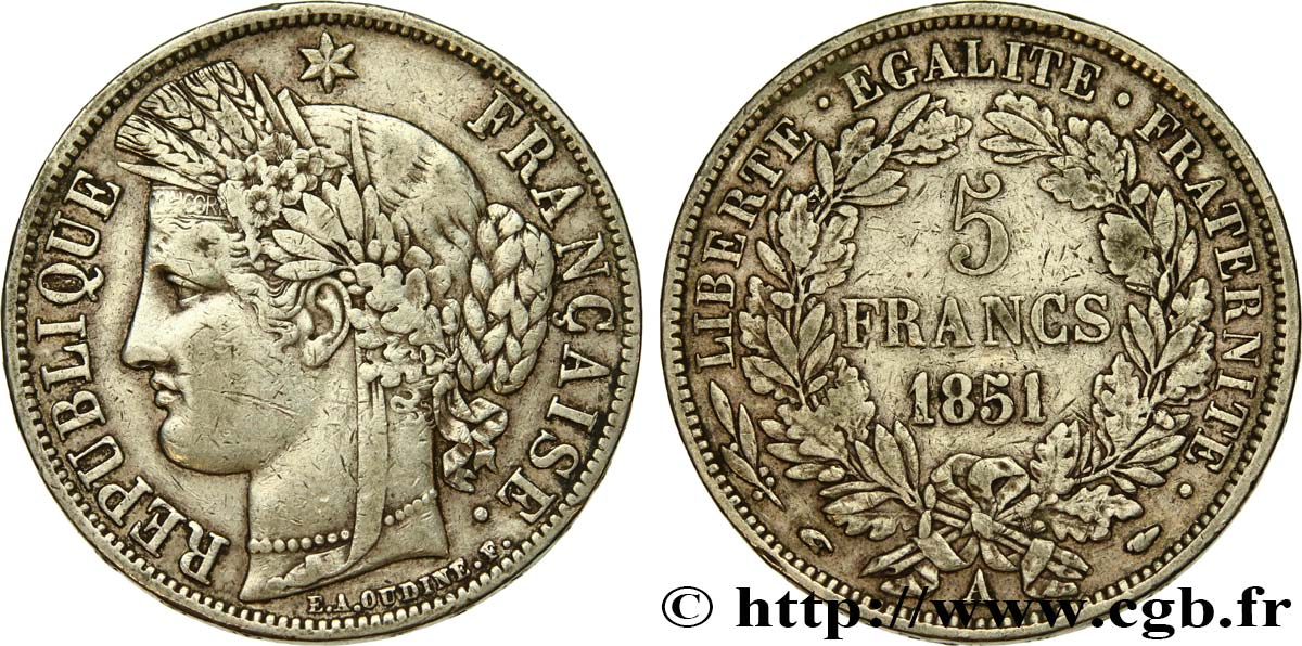 5 francs Cérès, IIe République 1851 Paris F.327/7 TB 