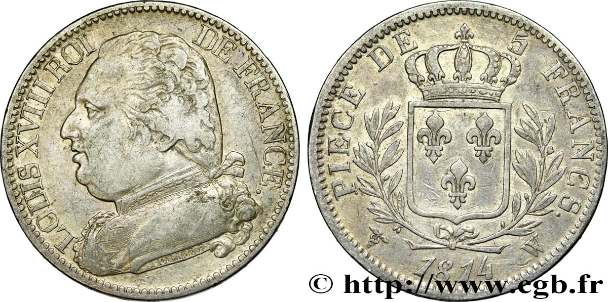 5 francs Louis XVIII, buste habillé 1814 Lille F.308/13 TB25 
