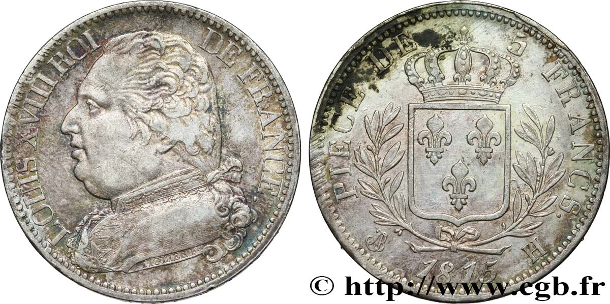 5 francs Louis XVIII, buste habillé 1815 La Rochelle F.308/19 AU52 