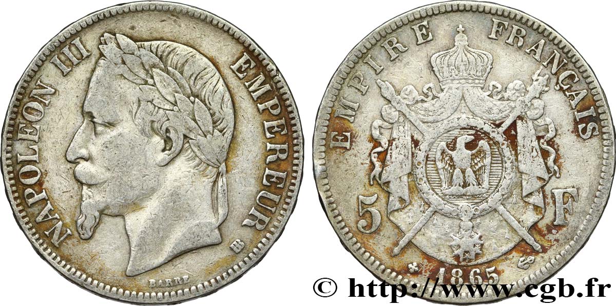 5 francs Napoléon III, tête laurée 1865 Strasbourg F.331/8 MB20 
