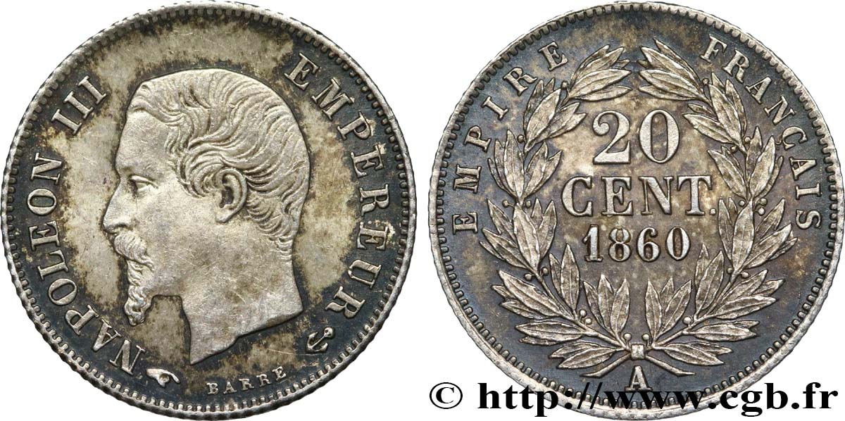 20 centimes Napoléon III, tête nue 1860 Paris F.148/14 EBC61 