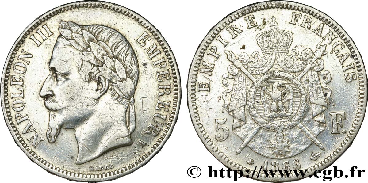 5 francs Napoléon III, tête laurée 1866 Paris F.331/9 q.BB 
