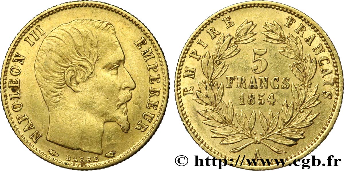 5 francs or Napoléon III, tête nue, petit module, tranche cannelée 1854 Paris F.500A/1 XF48 
