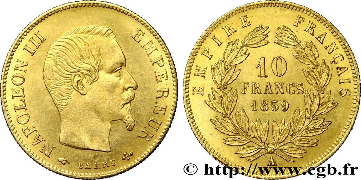10 francs or Napoléon III, tête nue 1859 Paris F.506/7 fST63 