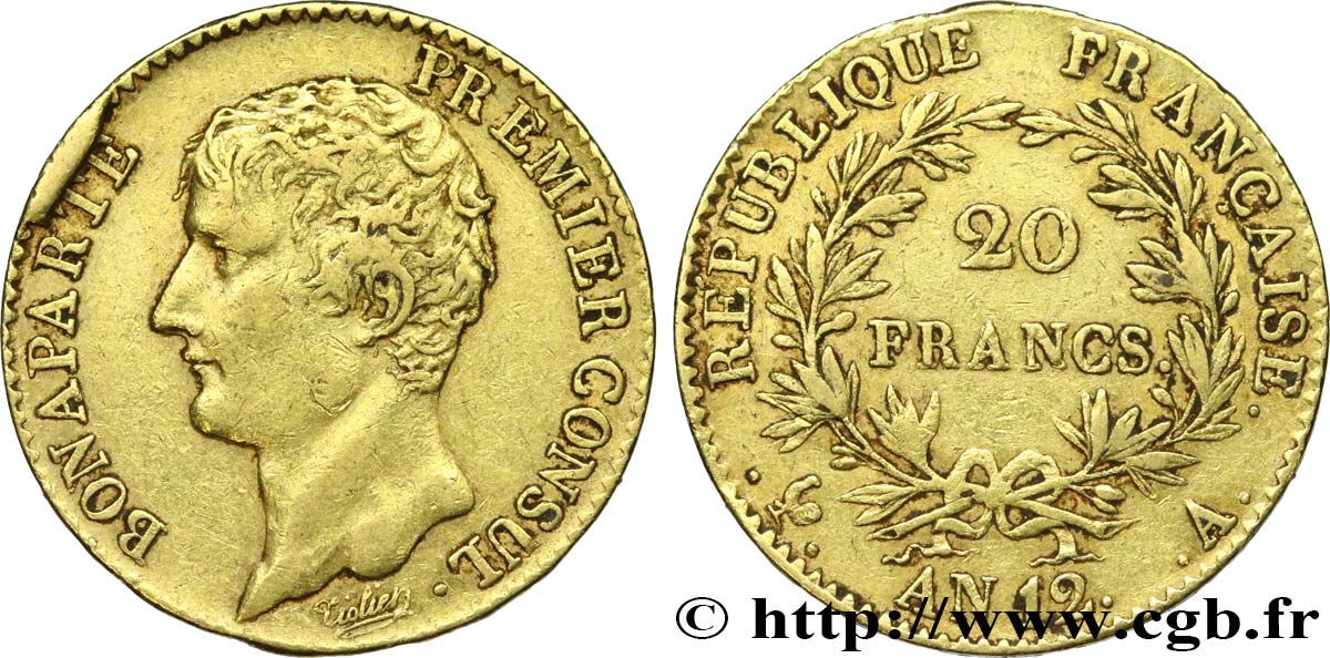 20 francs or Bonaparte Premier Consul 1804 Paris F.510/2 MBC45 