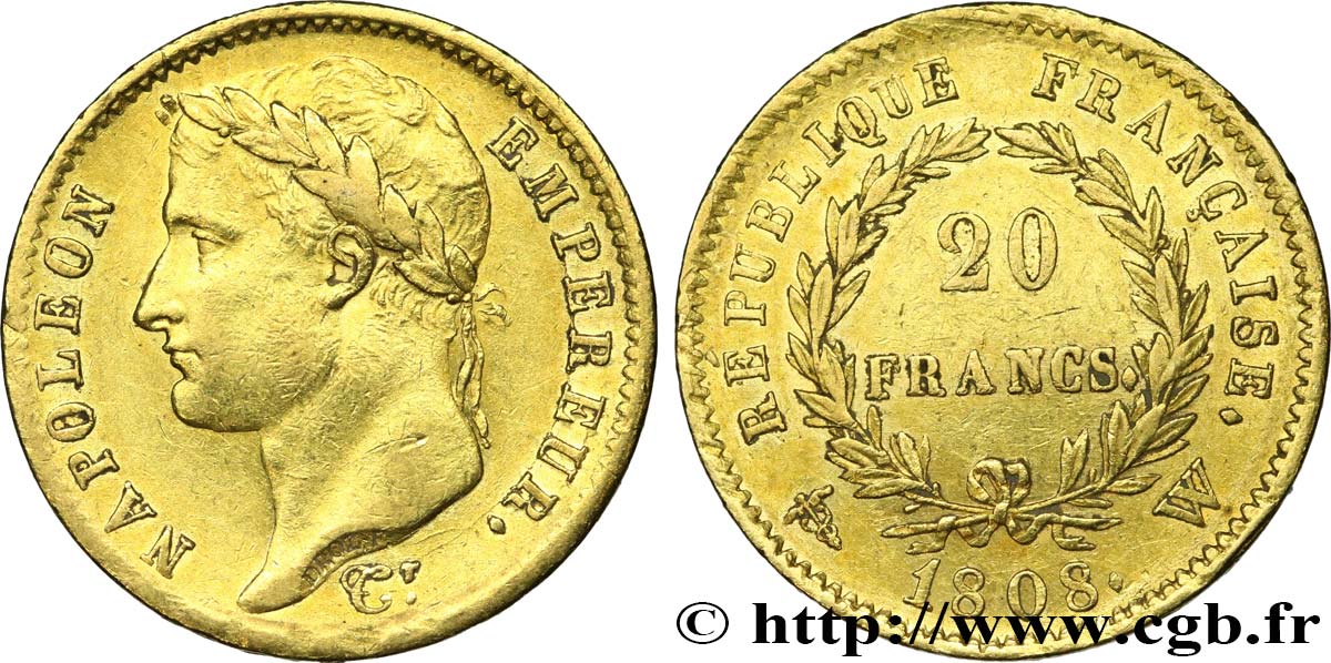 20 francs or Napoléon tête laurée, République française 1808 Lille F.515/8 SS48 