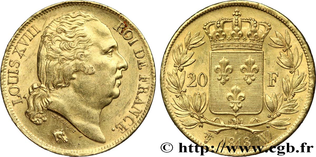 20 francs or Louis XVIII, tête nue 1818 Lille F.519/14 MS62 