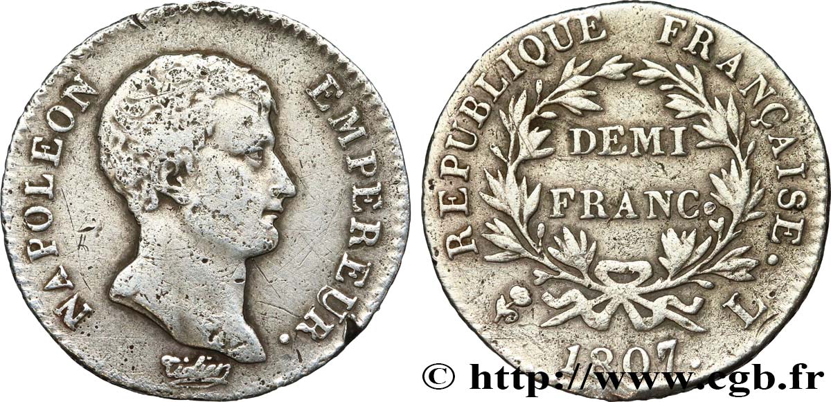 Demi-franc Napoléon Empereur, Calendrier grégorien 1807 Bayonne F.175/8 S 