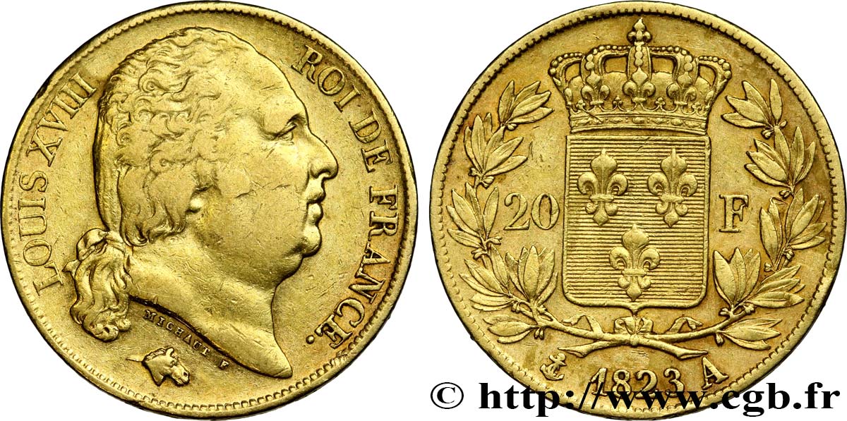20 francs or Louis XVIII, tête nue 1823 Paris F.519/29 MBC48 