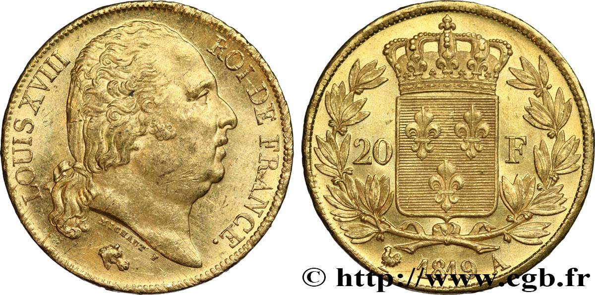 20 francs or Louis XVIII, tête nue 1819 Paris F.519/15 EBC58 