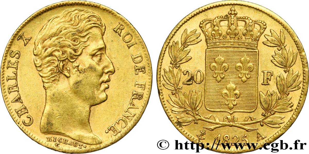 20 francs or Charles X 1825 Paris F.520/1 AU53 