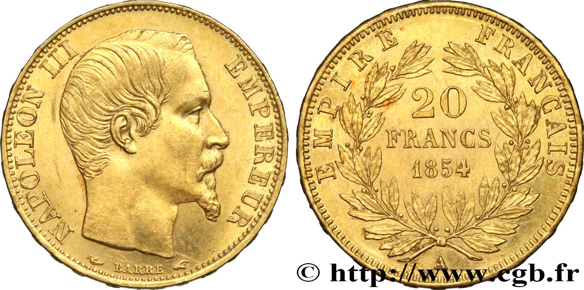 20 francs or Napoléon III, tête nue 1854 Paris F.531/2 EBC+ 