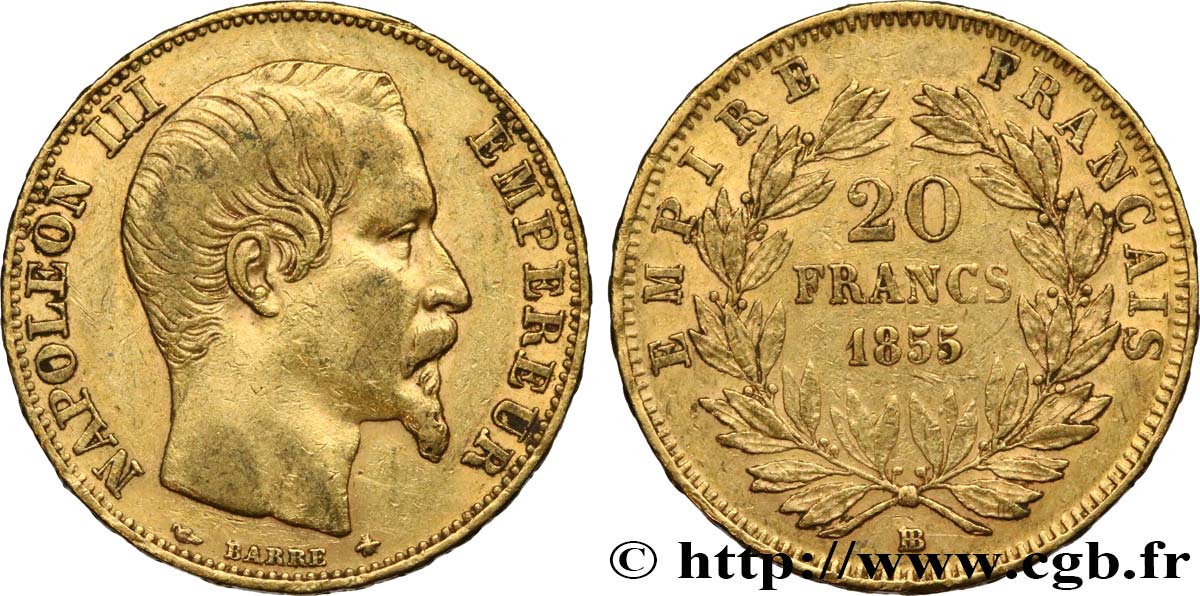 20 francs or Napoléon III, tête nue 1855 Strasbourg F.531/5 MBC48 
