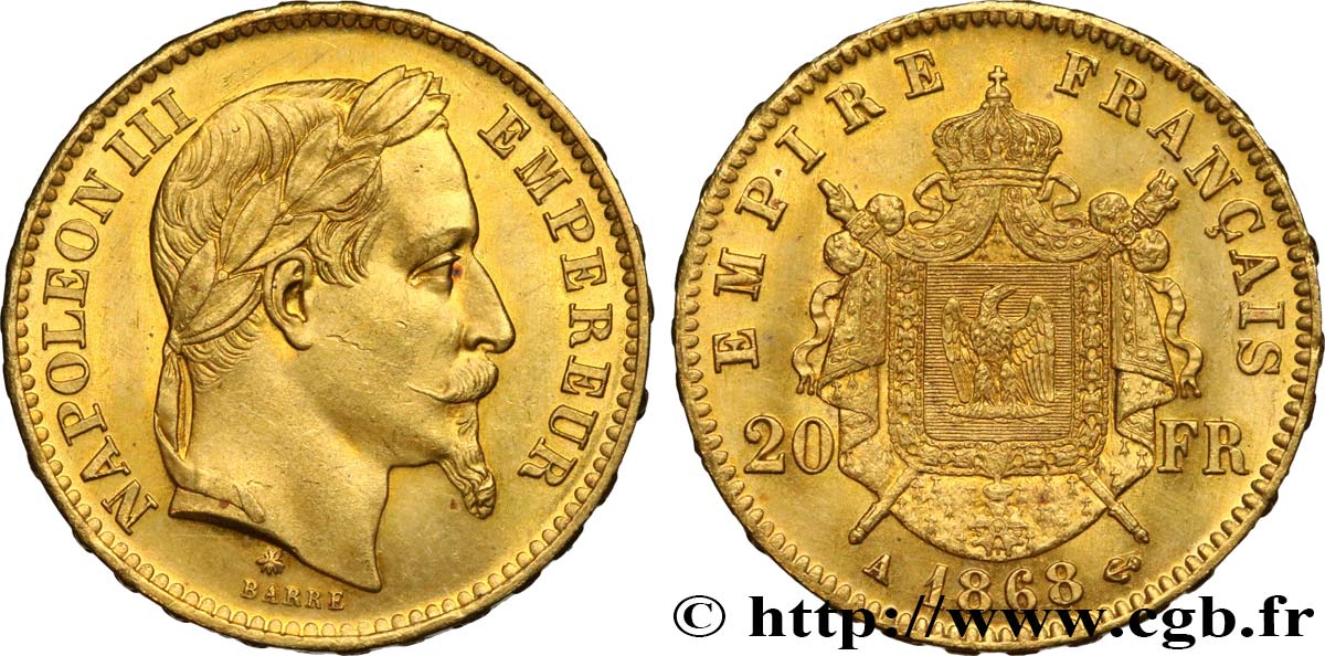20 francs or Napoléon III, tête laurée 1868 Paris F.532/18 MS62 