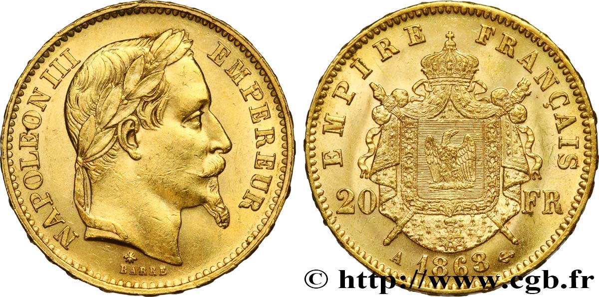 20 francs or Napoléon III, tête laurée 1868 Paris F.532/18 SUP62 