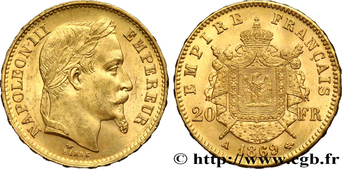 20 francs or Napoléon III, tête laurée 1869 Paris F.532/20 SUP62 
