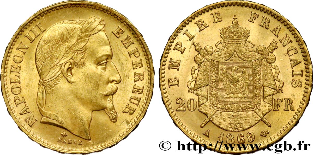 20 francs or Napoléon III, tête laurée 1869 Paris F.532/20 VZ61 