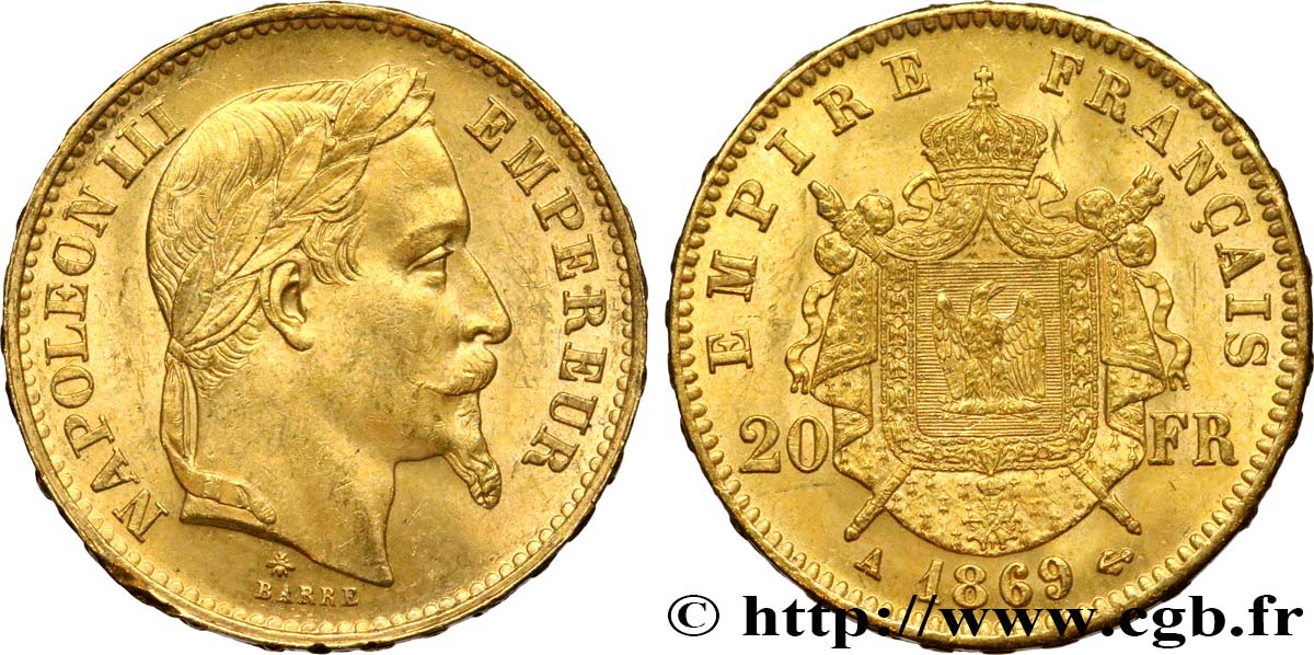 20 francs or Napoléon III, tête laurée 1869 Paris F.532/20 EBC61 