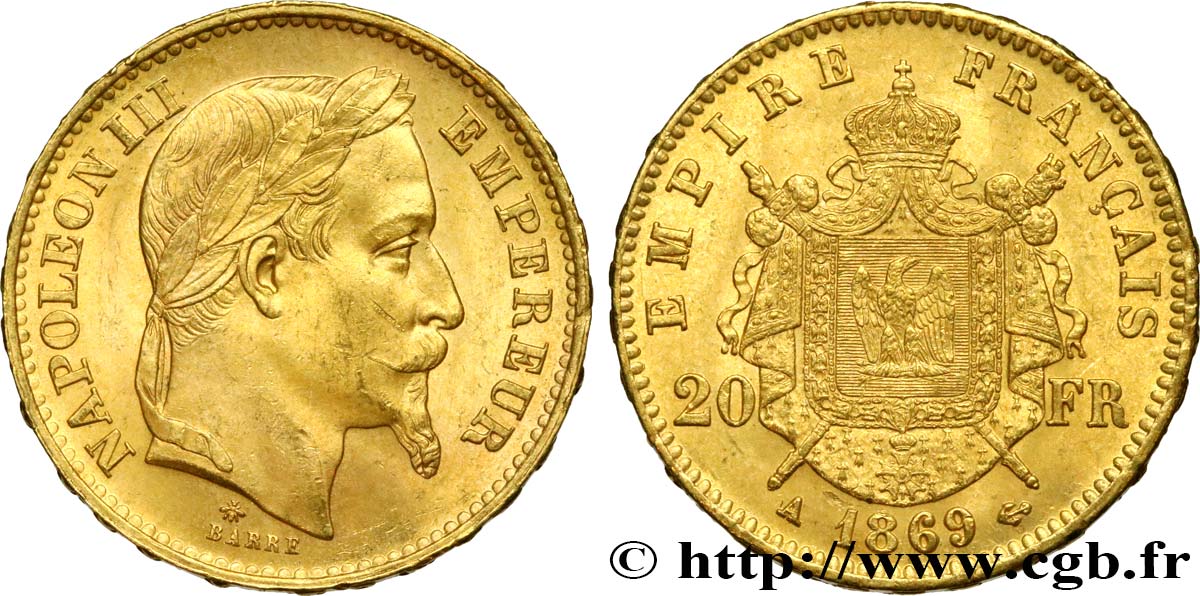 20 francs or Napoléon III, tête laurée 1869 Paris F.532/20 AU58 