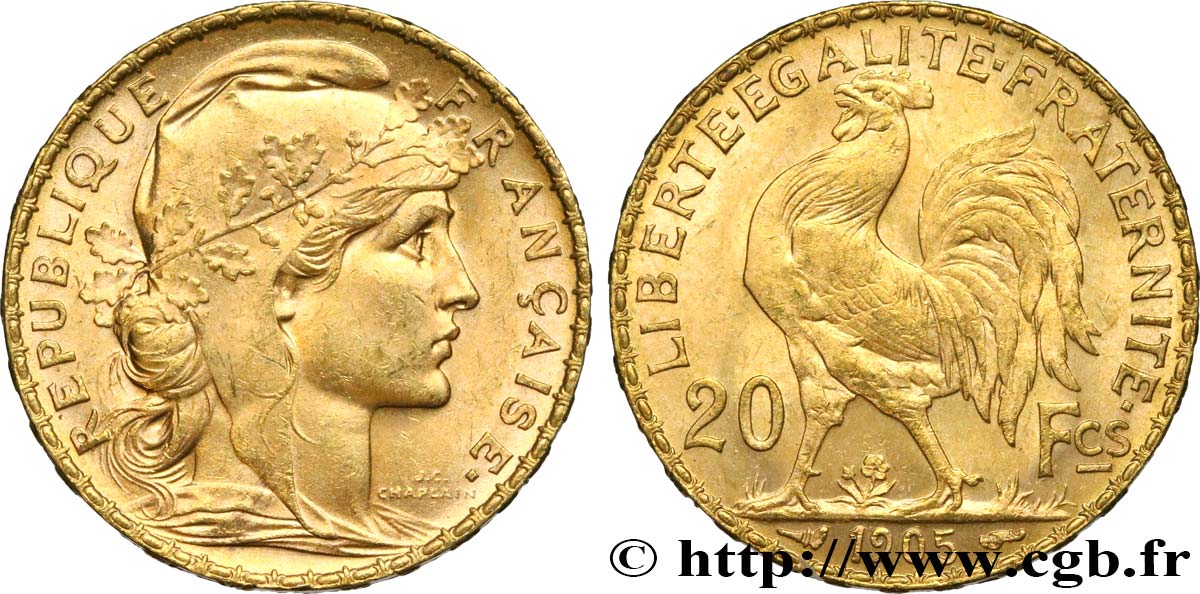 20 francs or Coq, Dieu protège la France 1905 Paris F.534/10 MS63 