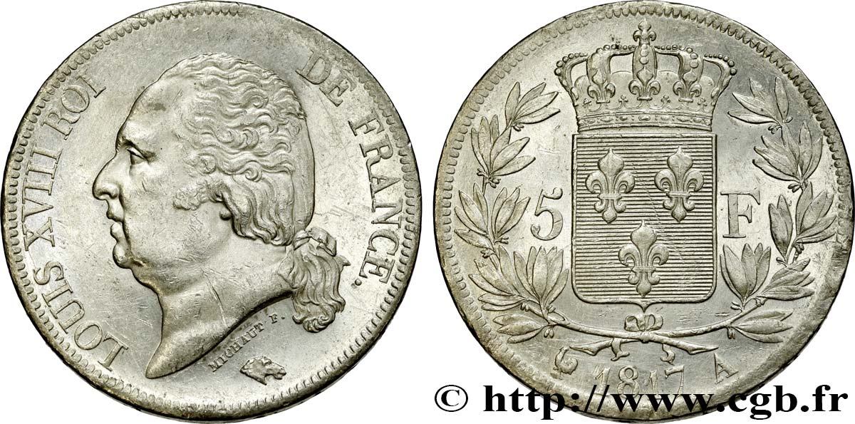 5 francs Louis XVIII, tête nue 1817  Paris F.309/14 SPL 