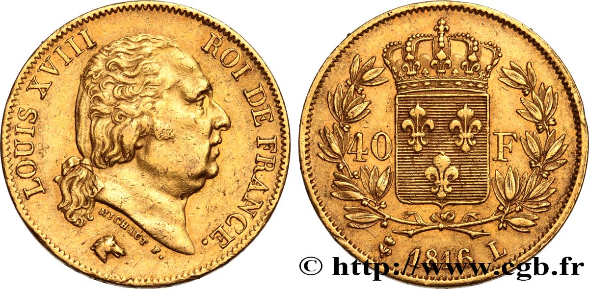 40 francs or Louis XVIII 1816 Bayonne F.542/3 SS48 