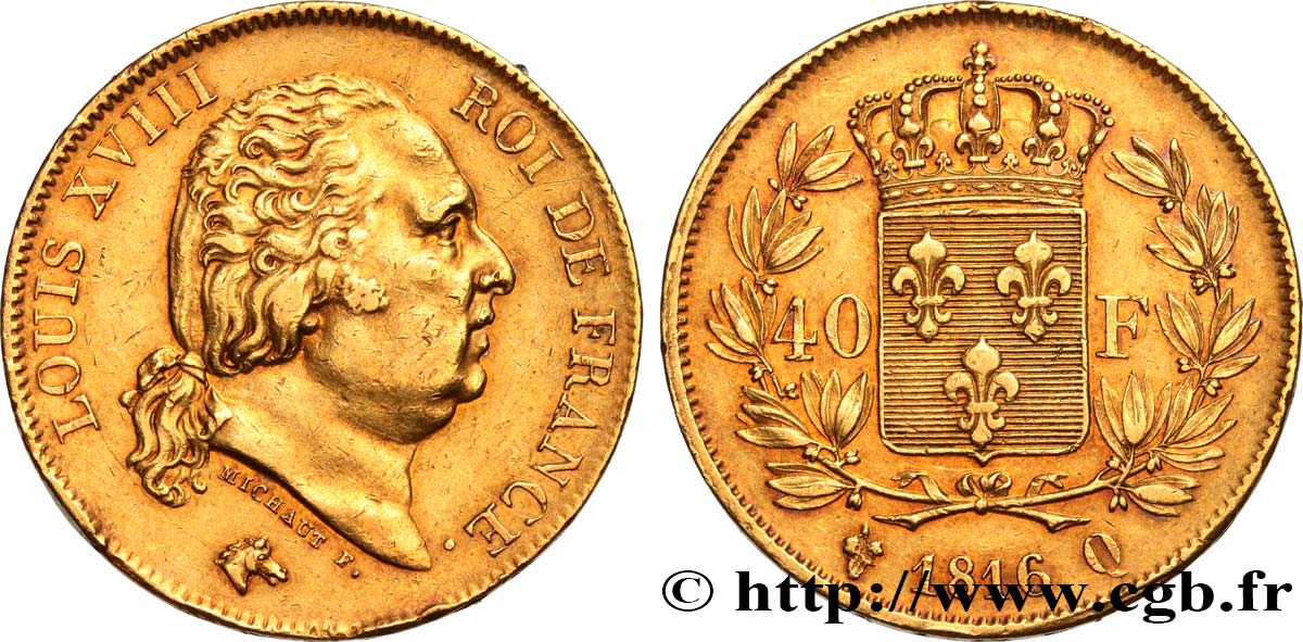 40 francs or Louis XVIII 1816 Perpignan F.542/4 XF48 