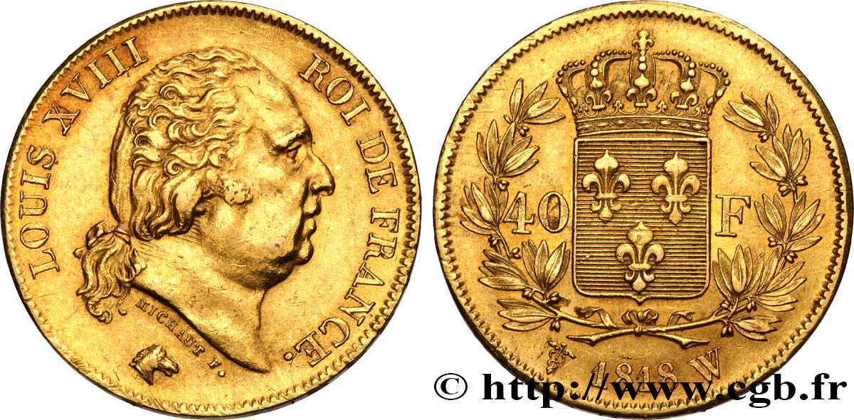 40 francs or Louis XVIII 1818 Lille F.542/8 AU55 