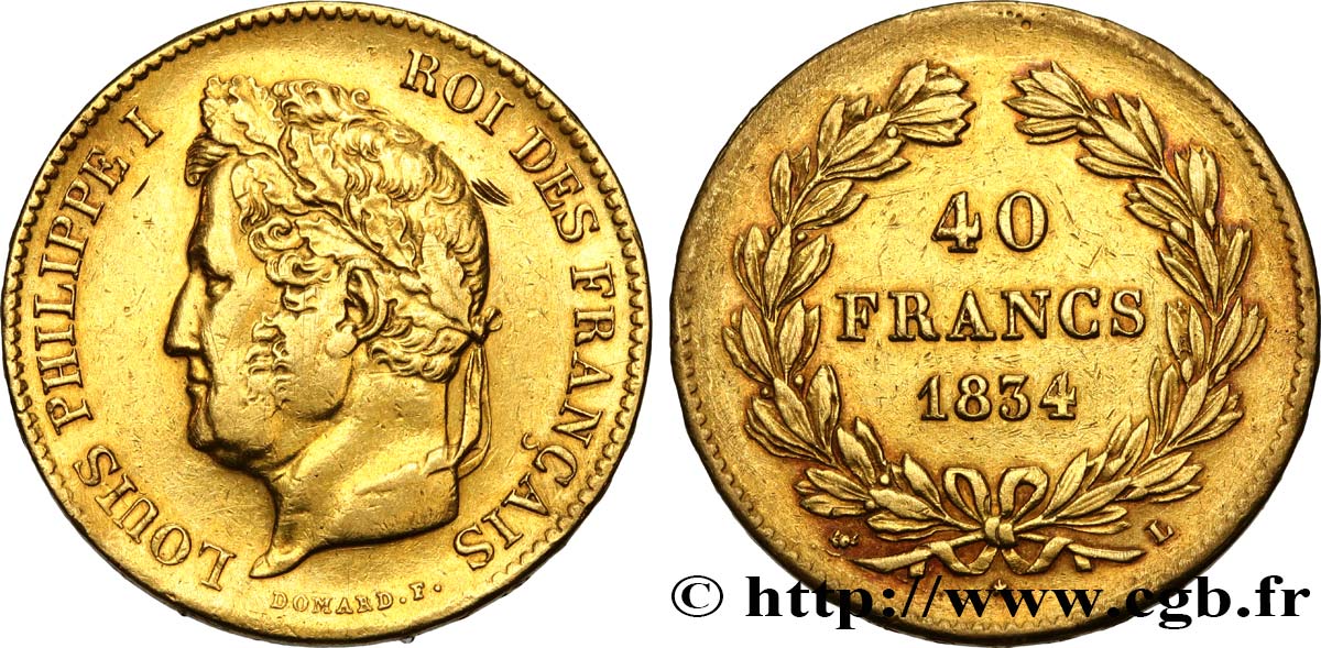 40 francs or Louis-Philippe 1834 Bayonne F.546/7 MBC 