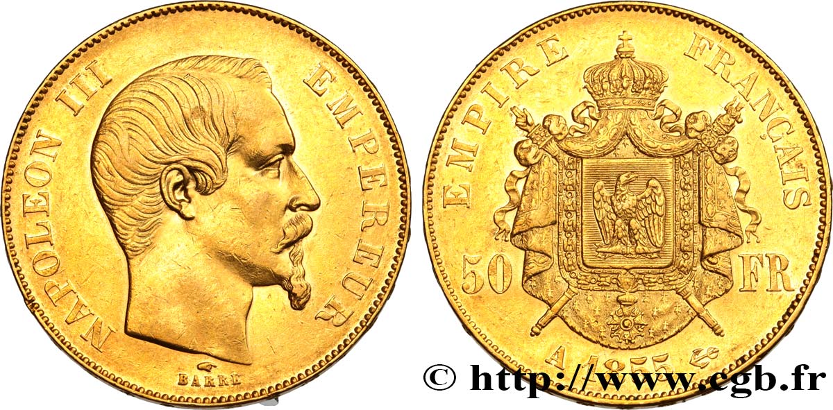 50 francs or Napoléon III, tête nue 1855 Paris F.547/1 AU52 