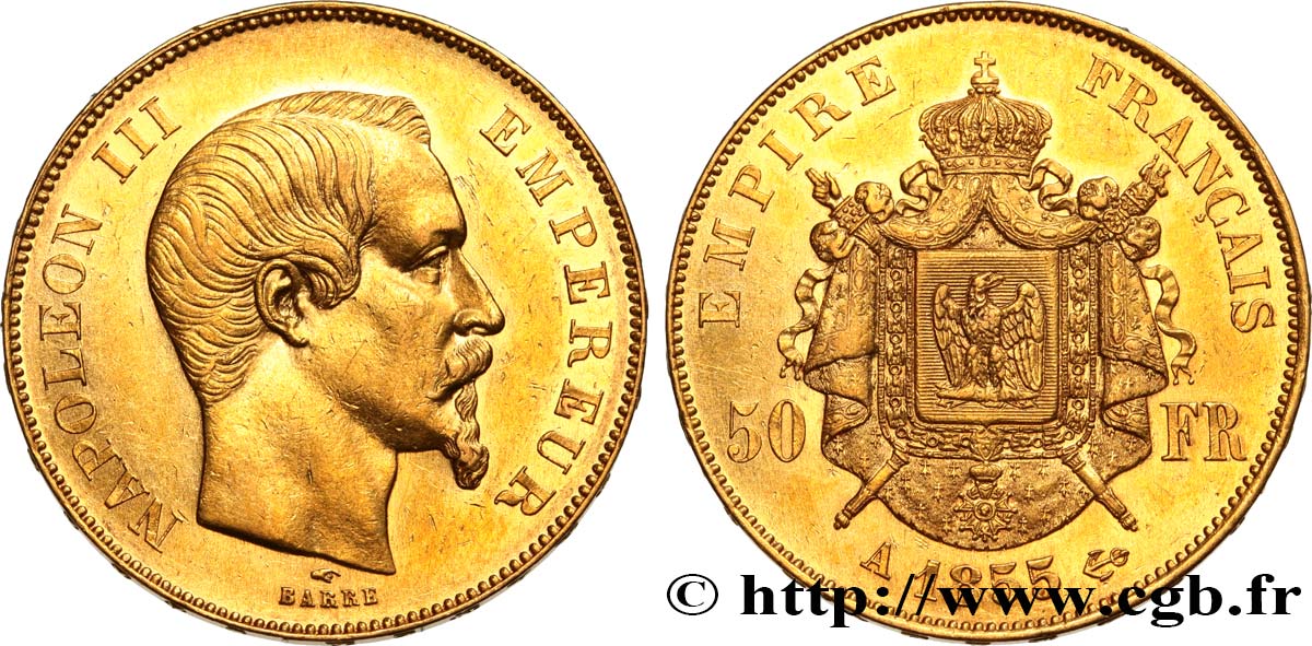 50 francs or Napoléon III, tête nue 1855 Paris F.547/1 EBC55 