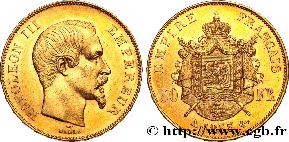 50 francs or Napoléon III, tête nue 1855 Paris F.547/1 SPL55 