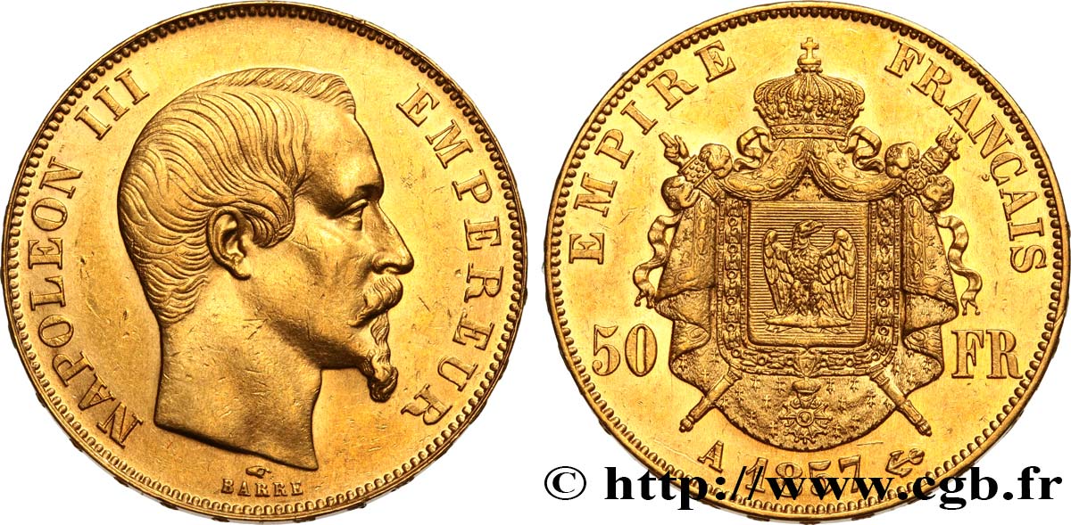 50 francs or Napoléon III, tête nue 1857 Paris F.547/4 VZ58 