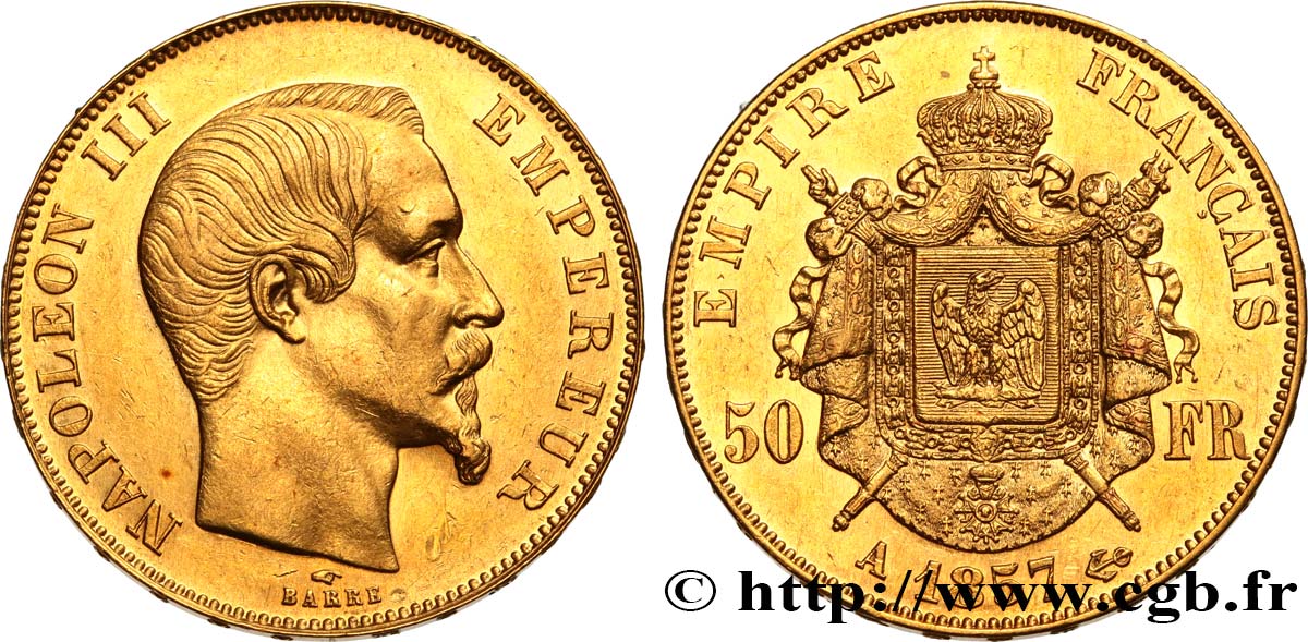 50 francs or Napoléon III, tête nue 1857 Paris F.547/4 EBC55 