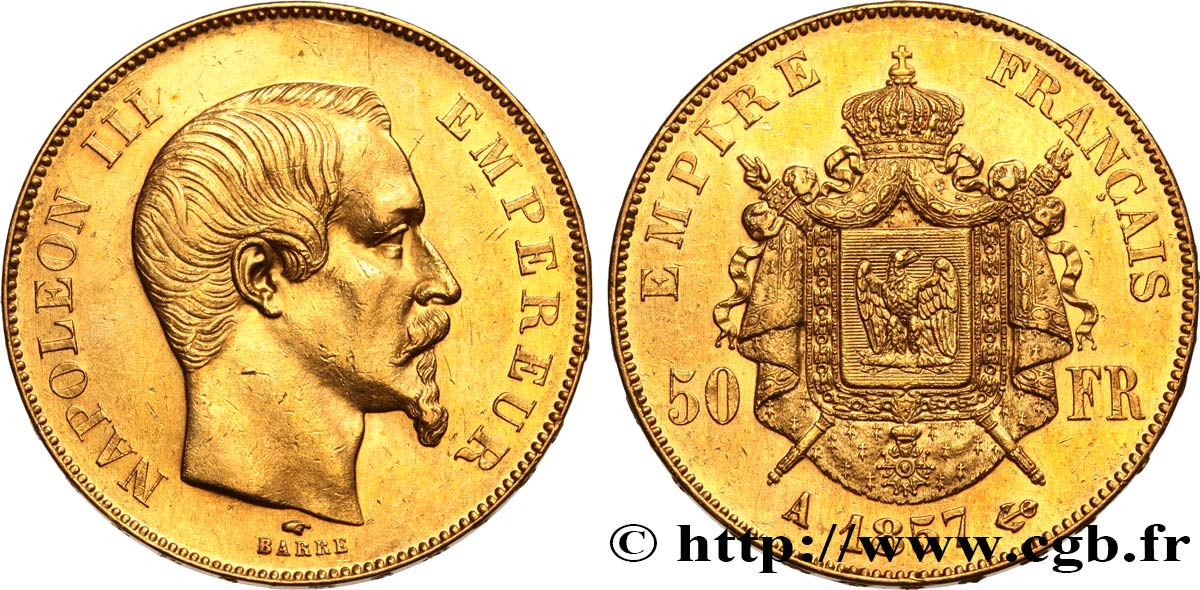 50 francs or Napoléon III, tête nue 1857 Paris F.547/4 SPL58 
