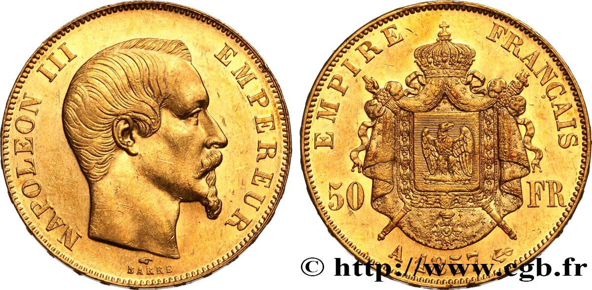 50 francs or Napoléon III, tête nue 1857 Paris F.547/4 SPL55 