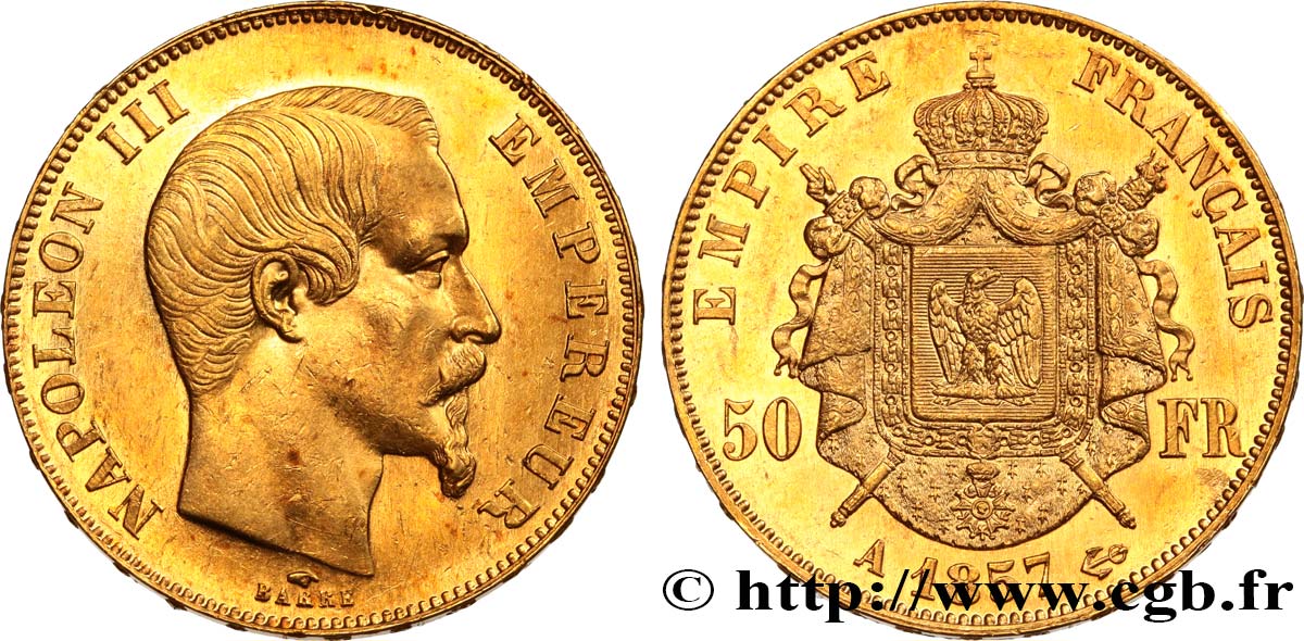 50 francs or Napoléon III, tête nue 1857 Paris F.547/4 EBC60 