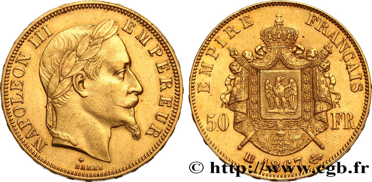 50 francs or Napoléon III, tête laurée 1867 Strasbourg F.548/9 MBC52 