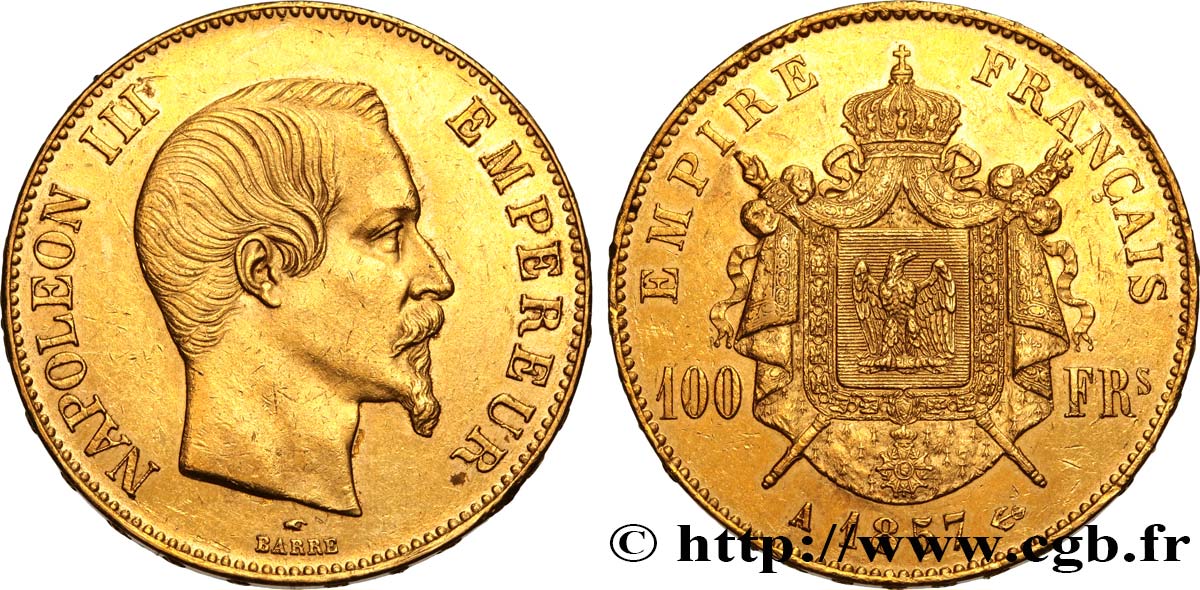 100 francs or Napoléon III, tête nue 1857 Paris F.550/4 TTB+ 