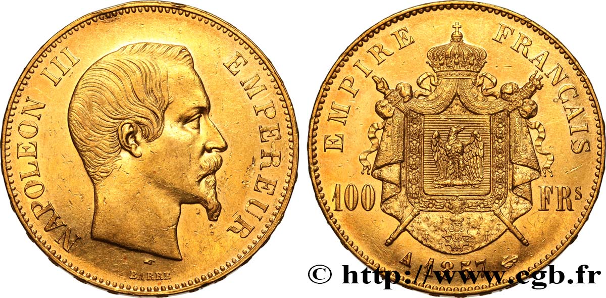 100 francs or Napoléon III, tête nue 1857 Paris F.550/4 q.SPL 